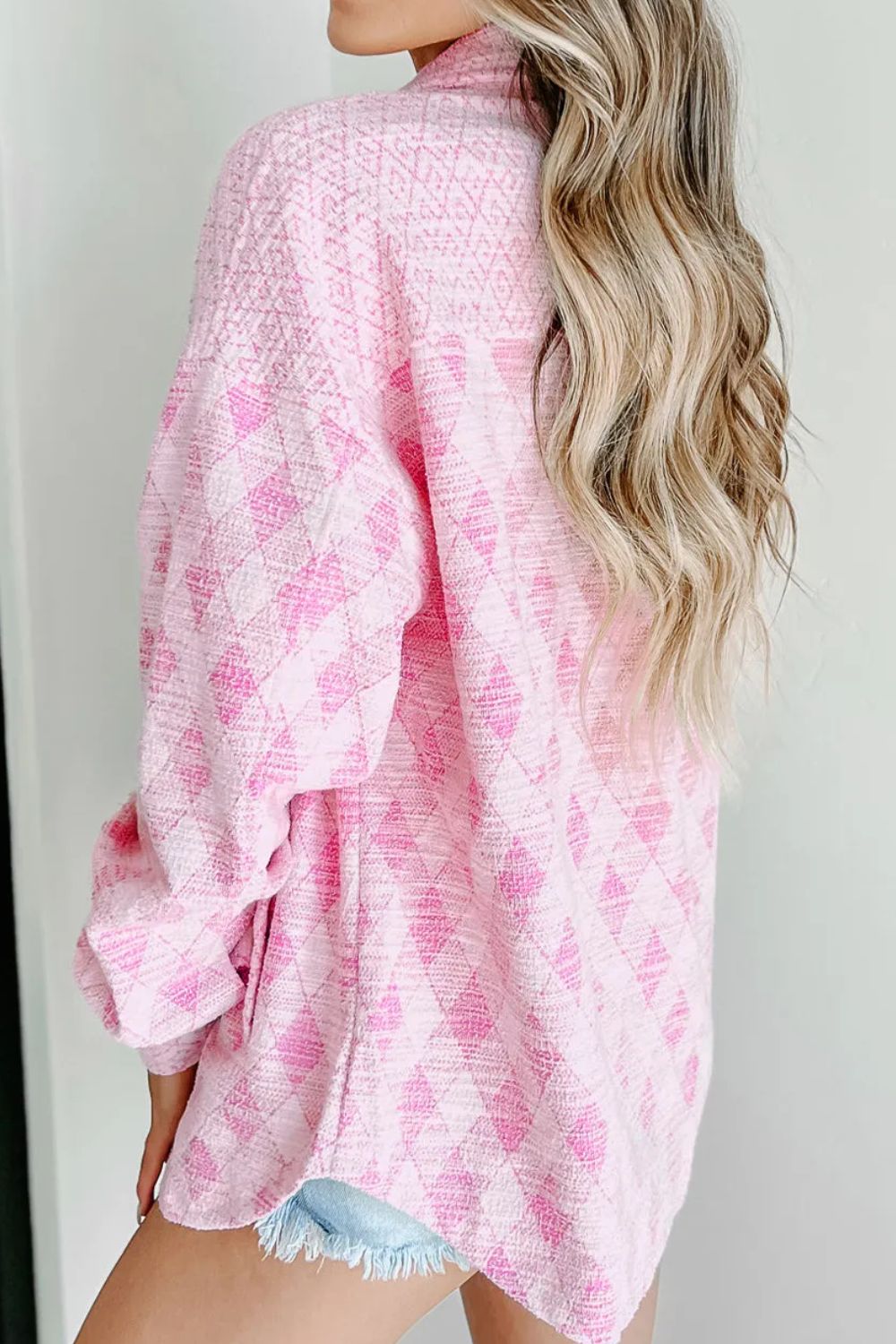 Pink plaid collared long sleeve shacket, back view