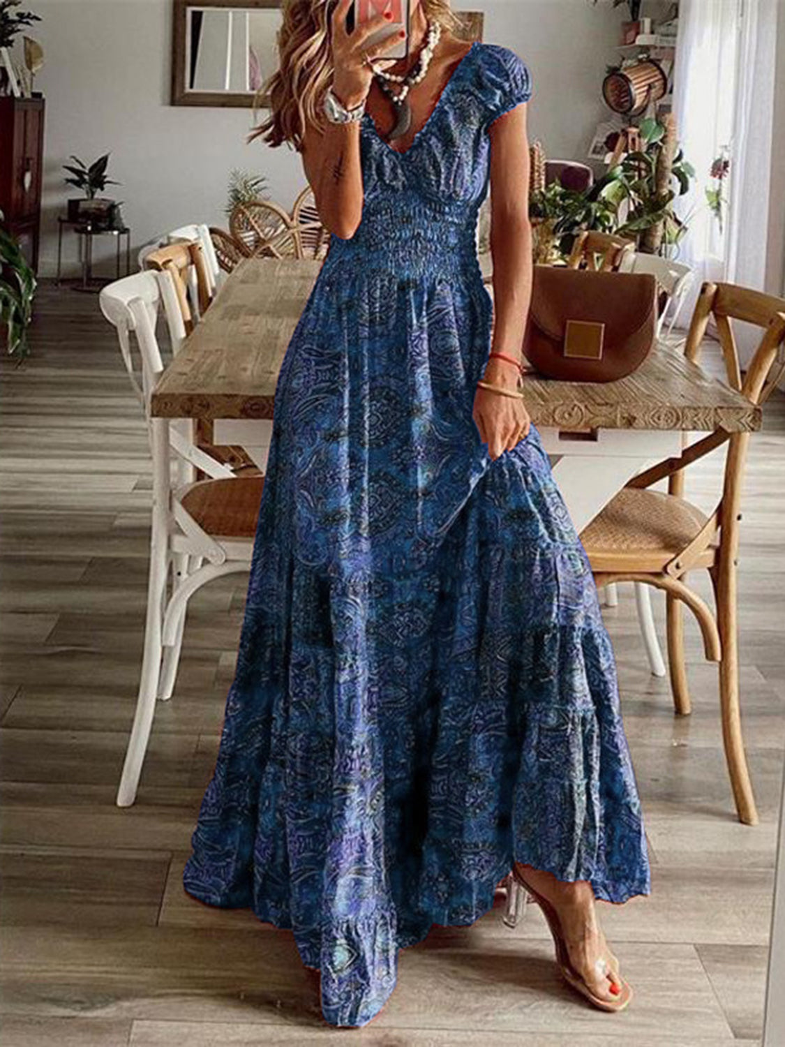 Blue smocked V-neck short sleeve maxi dress