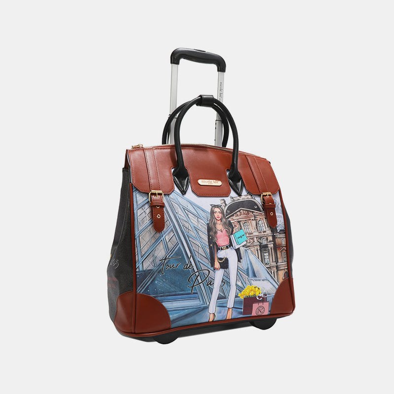 Angled view of Nicole Lee USA printed rolling tote bag