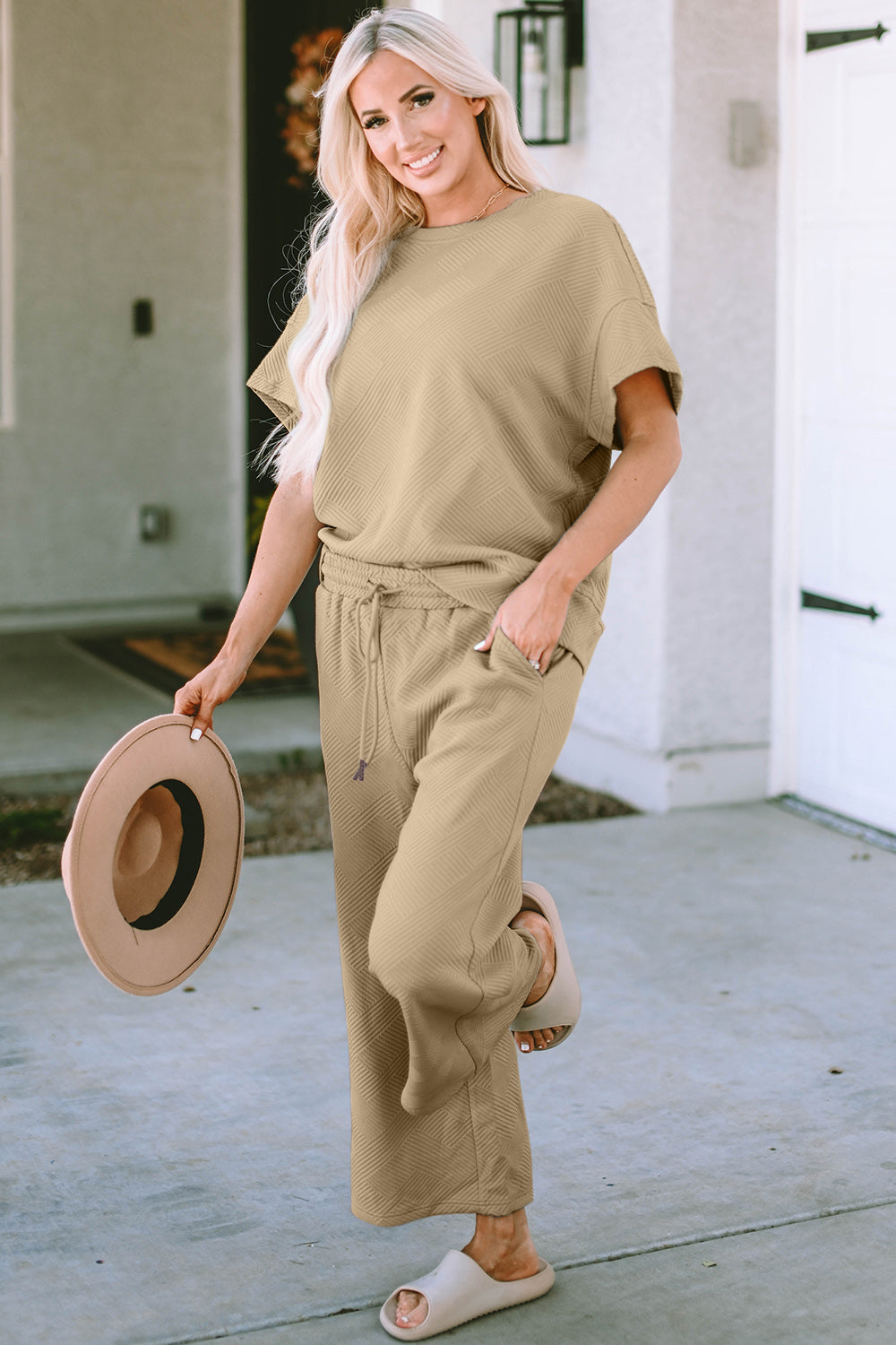 Camel short sleeve top and pants set, front view