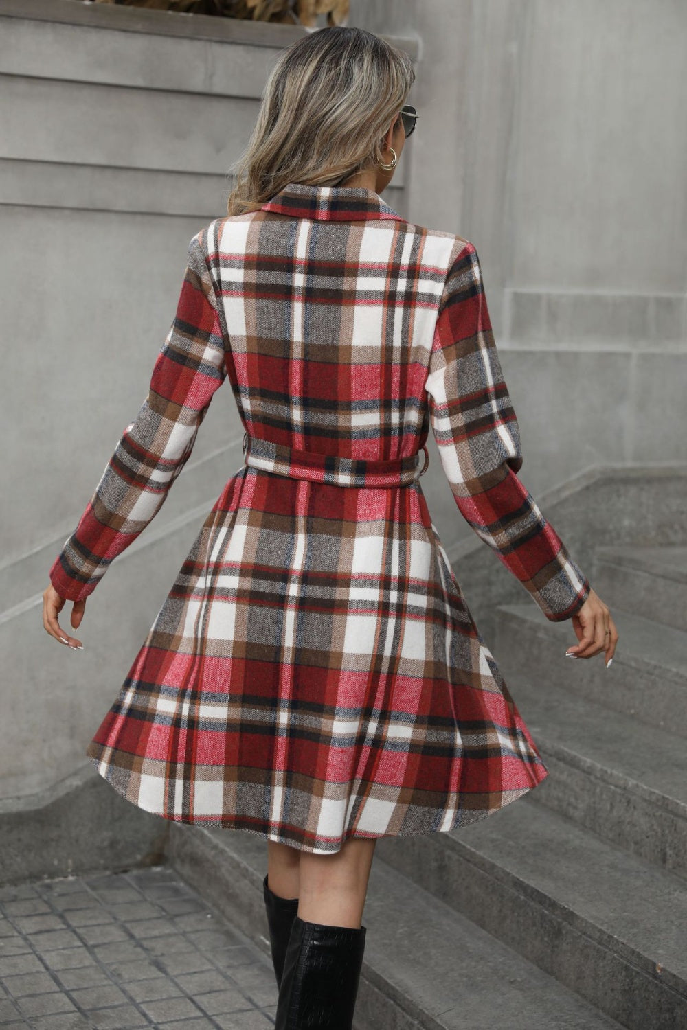 Plaid tie waist long sleeve outerwear in deep red, back view