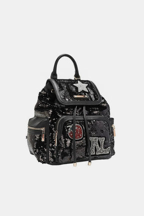 Angled front view of Nicole Lee sequin patch backpack