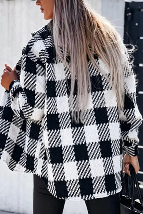 Trendy plaid button-up long sleeve jacket, back view