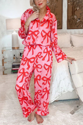 Bow print collared neck lounge set in pink and red