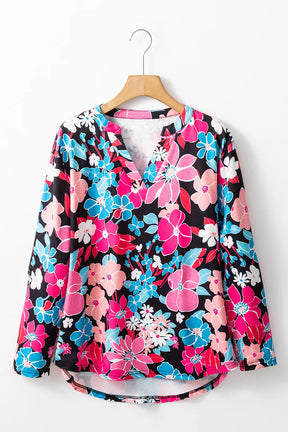 Floral notched long sleeve blouse on hanger