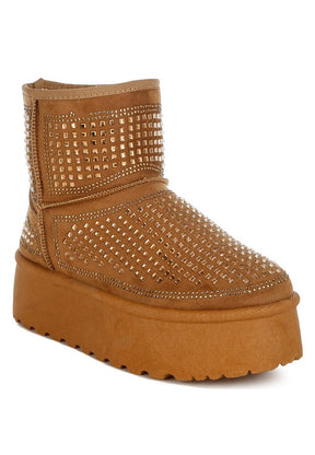 Brown chunky rhinestone ankle boots with platform sole