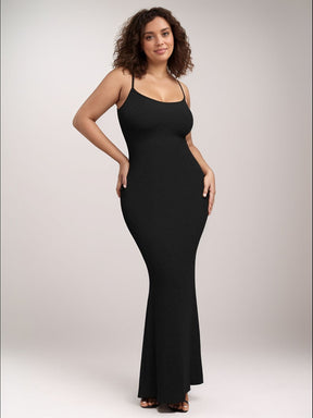 Curvy model in black shapewear maxi dress