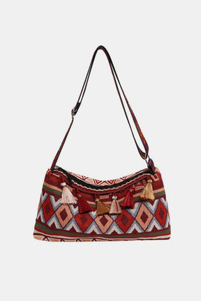 Boho tassel shoulder bag with adjustable strap, geometric pattern