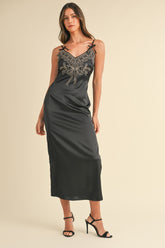 Mable embroidered cami satin midi slit dress front view