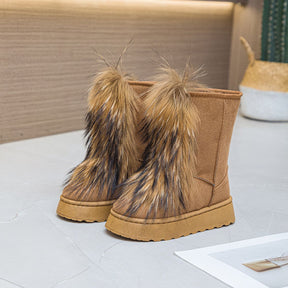 Camel suede platform boots with brown fur trim