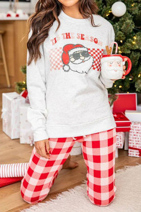 Plaid pants and round neck top lounge set with festive design