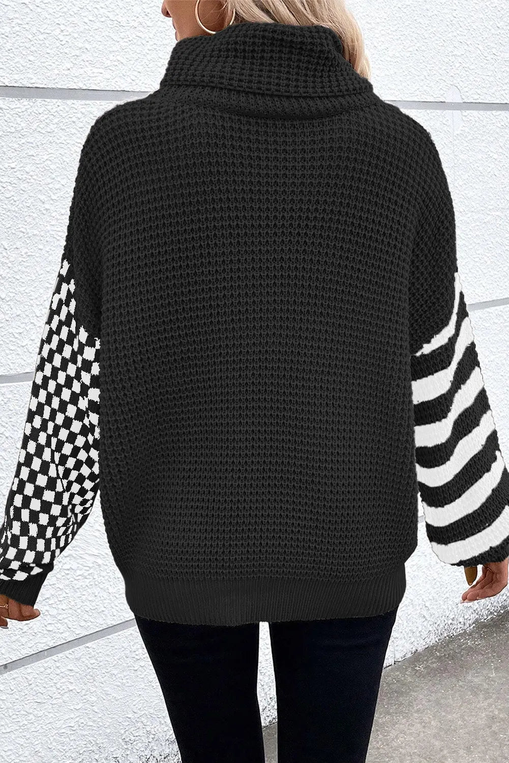 Black checkered striped turtleneck long sleeve sweater back