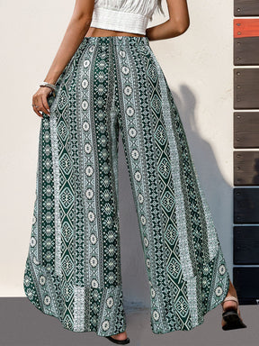 Green slit ruffled geometric wide leg pants, back view