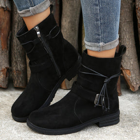 Black suede side zip round toe boots with buckle detail