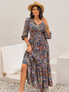 Boho printed tie neck long sleeve midi dress styled with hat