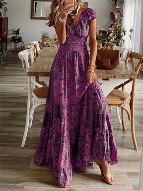 Purple smocked V-neck short sleeve maxi dress