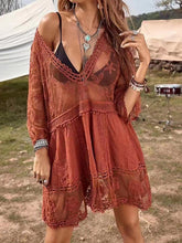 Rust lace detail plunge cover-up dress outdoors