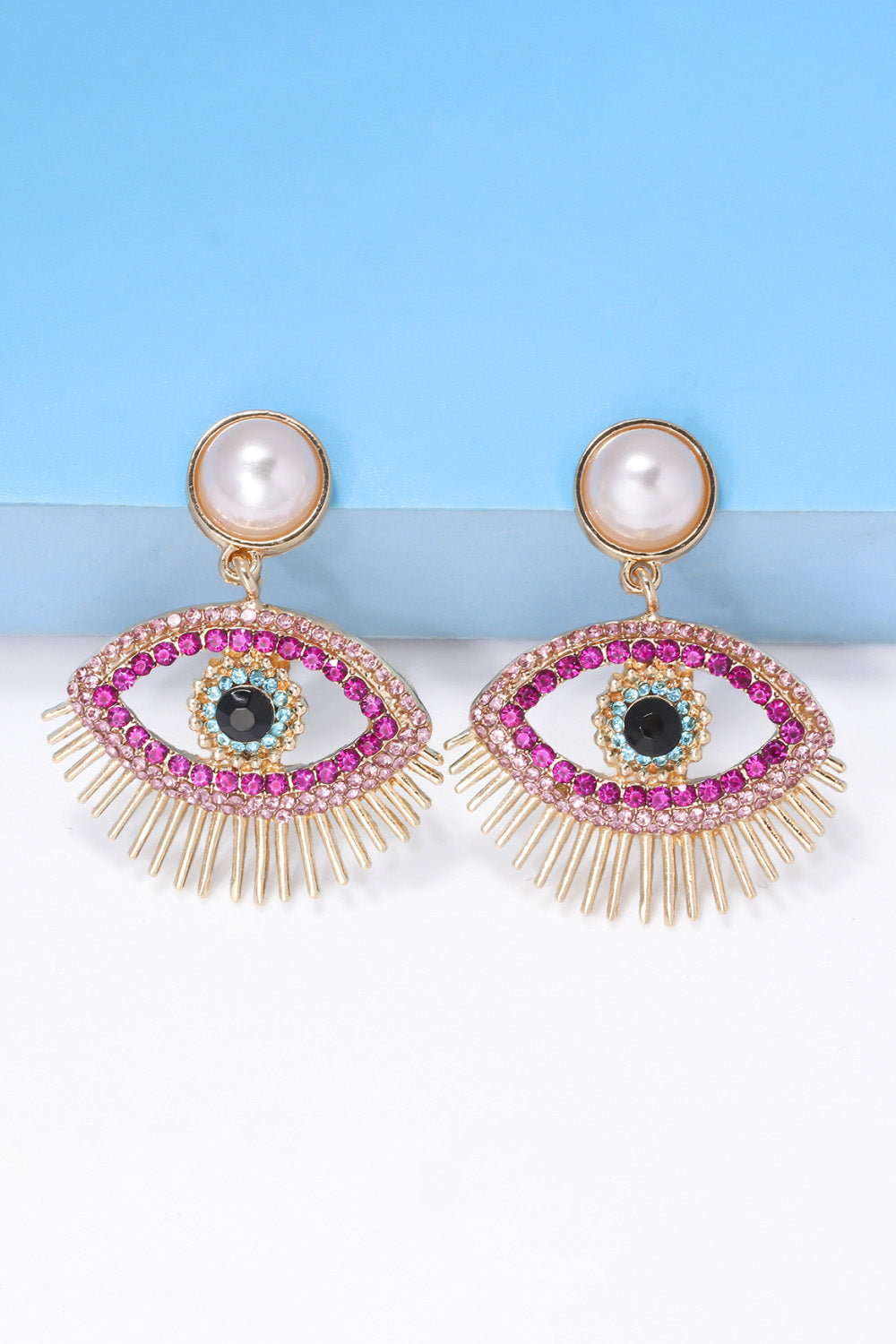 Pink evil eye rhinestone dangle earrings