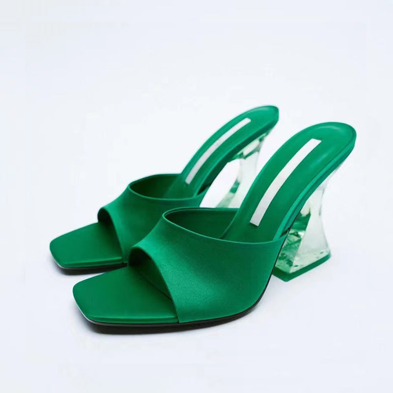 Green open toe high heel sandals with clear block heel