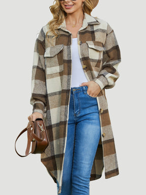 Plaid Collared Neck Long Sleeve Longline Jacket