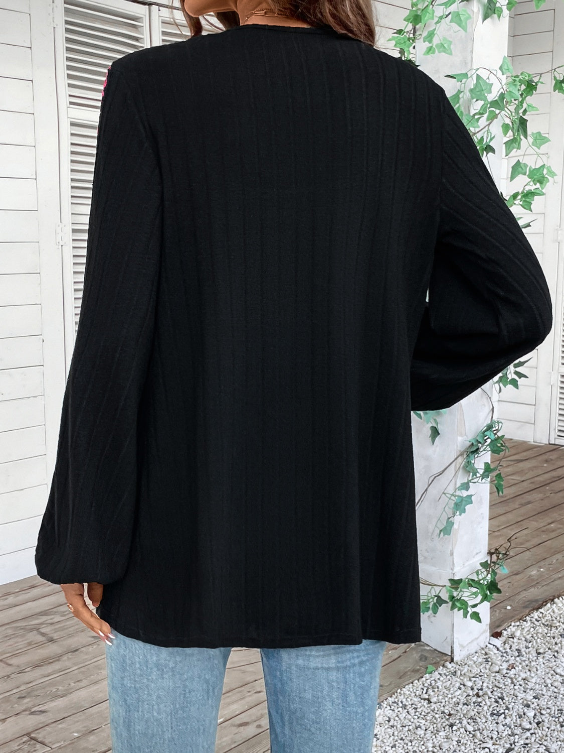 Back view of embroidered open front long sleeve cardigan