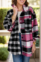 Pocketed plaid collared neck long sleeve shacket, front view