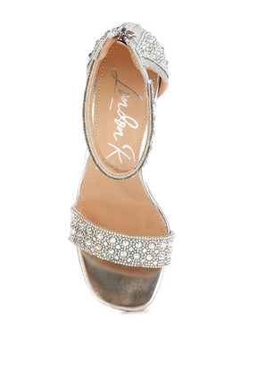 Top view of silver rhinestone block sandal