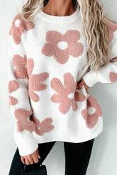 White knit top with pink flower design, round neck, long sleeves