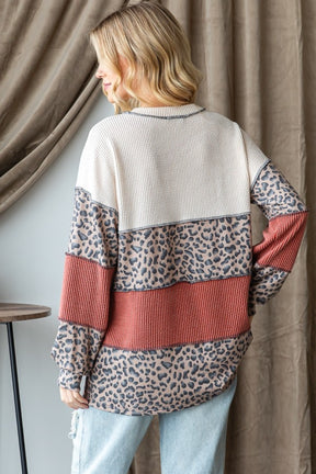 Back view of Heimish color block long sleeve top