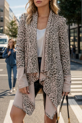 Leopard print open front long sleeve cover-up worn outdoors