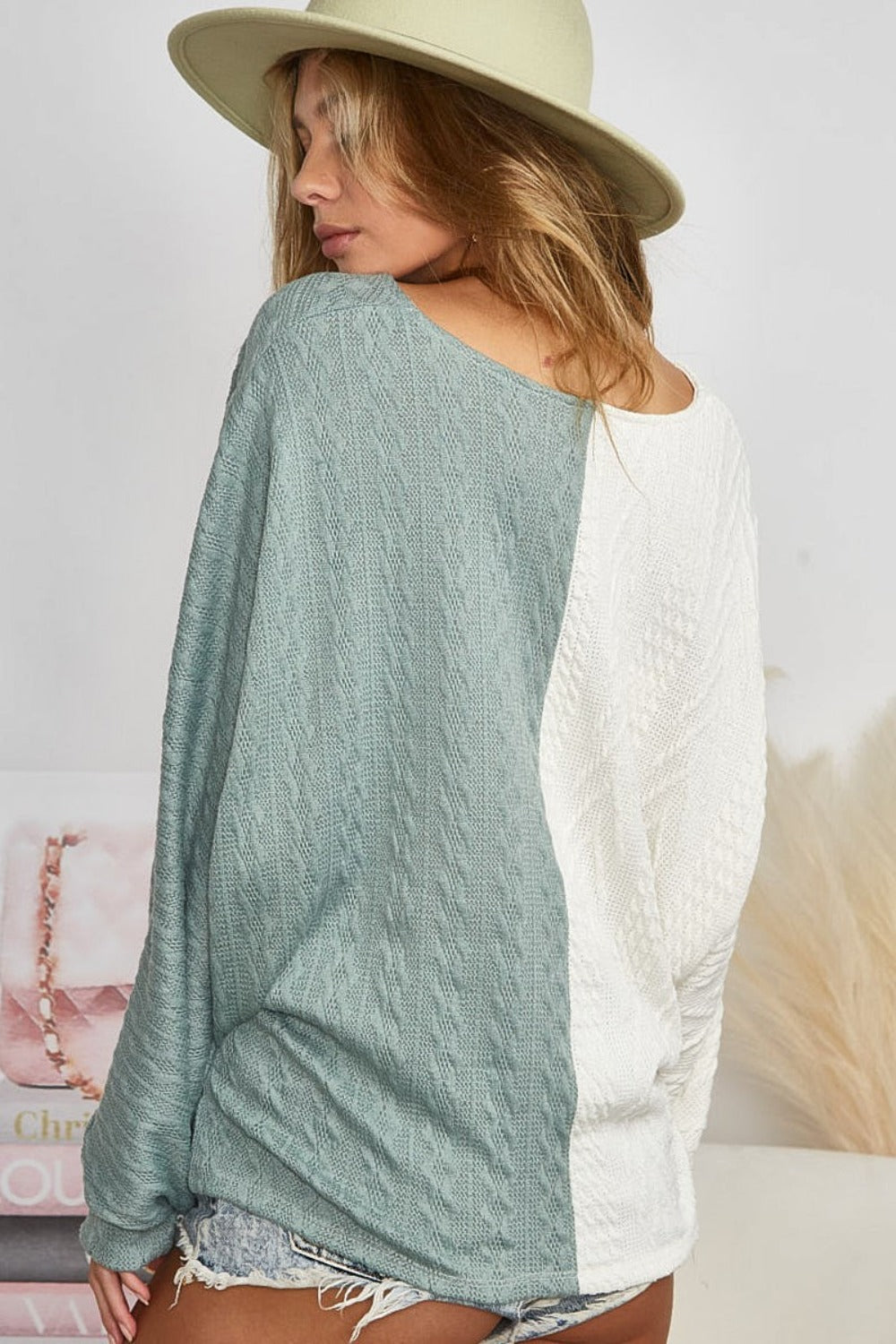 BiBi Twist Front Contrast Cable Knit Top, back view