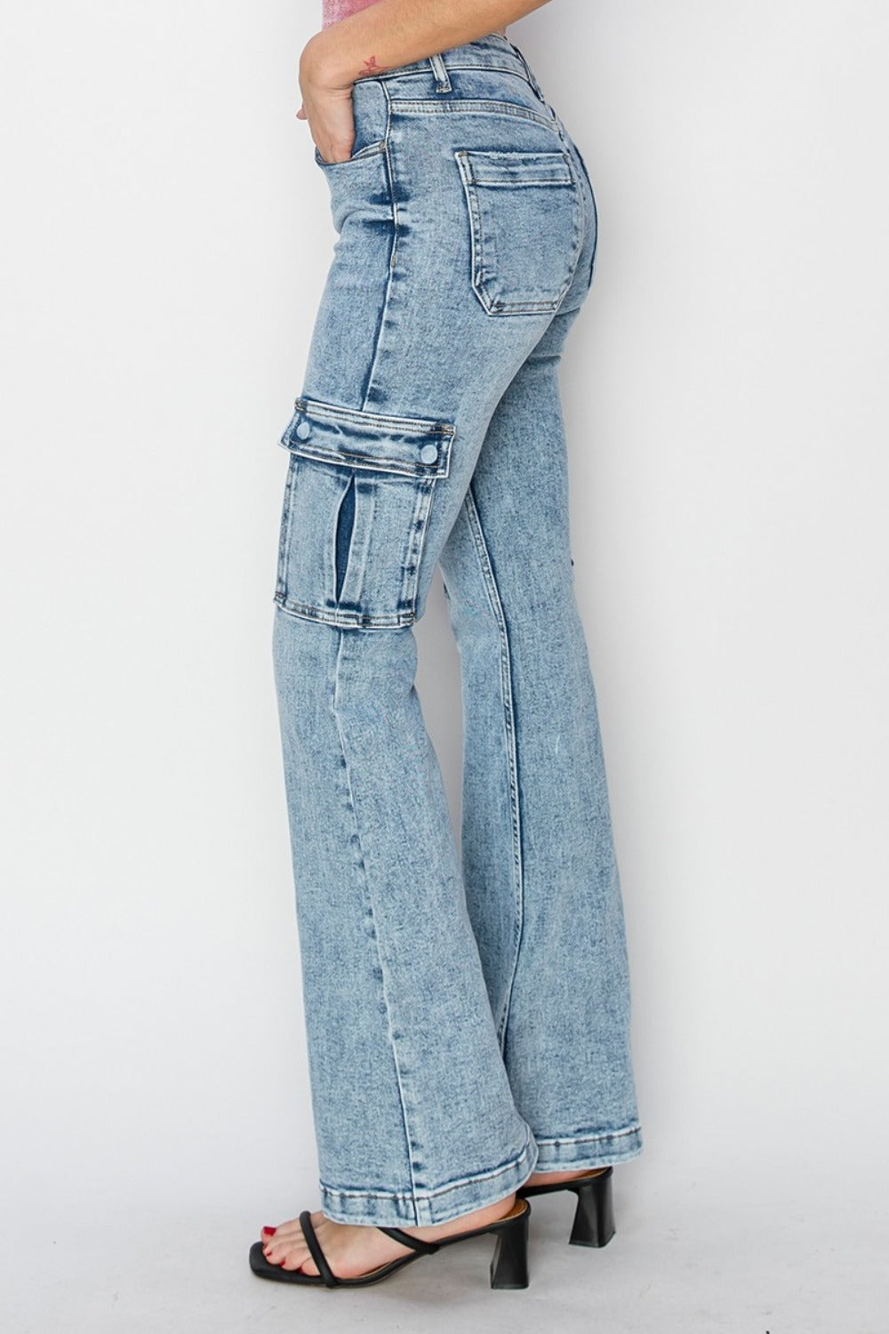 RISEN high rise cargo flare jeans side view