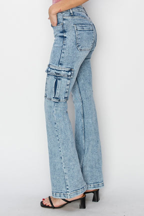 RISEN high rise cargo flare jeans side view