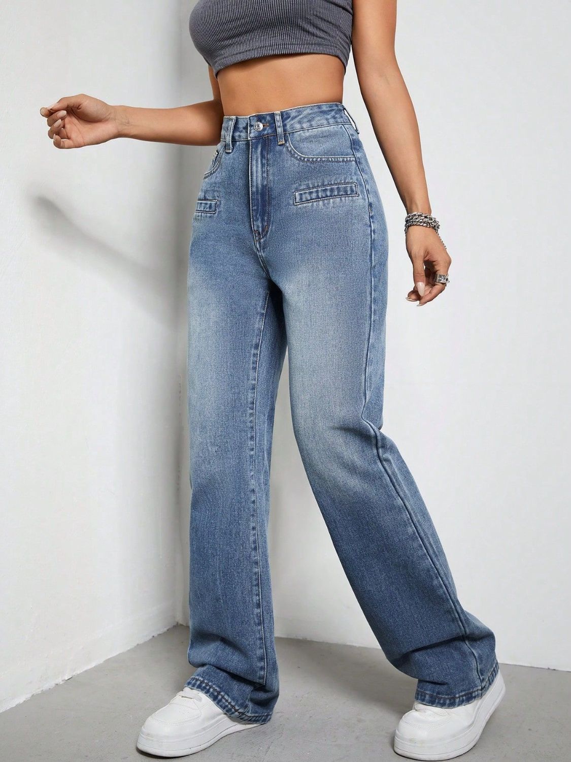 High rise wide leg jeans with pockets, side view