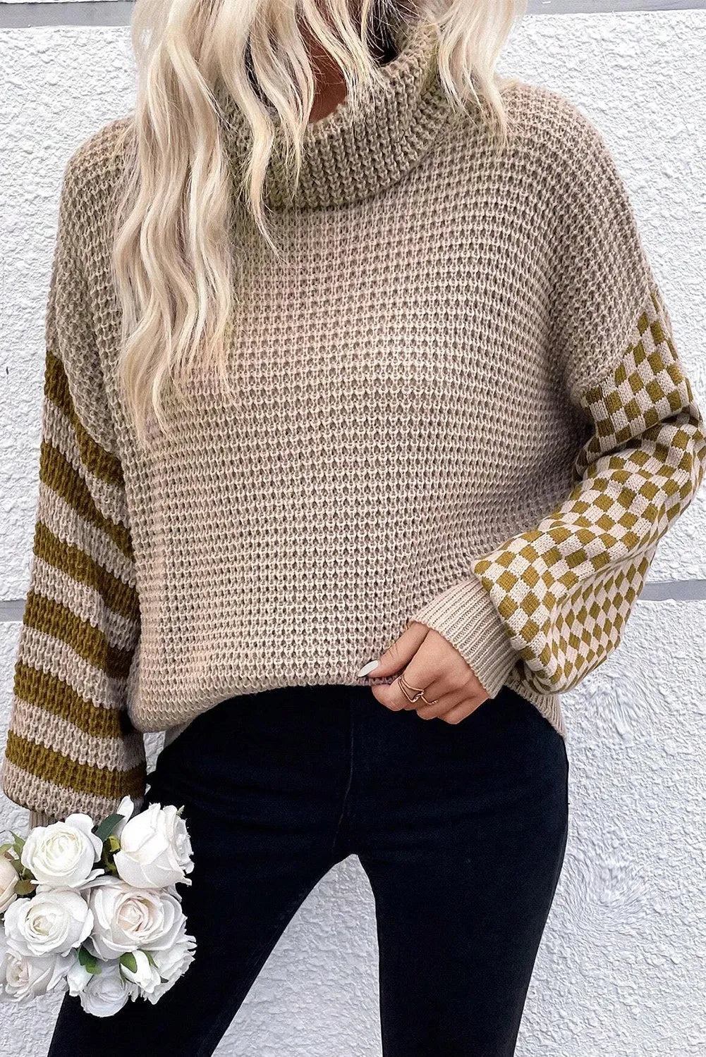 Mocha checkered striped turtleneck long sleeve sweater front