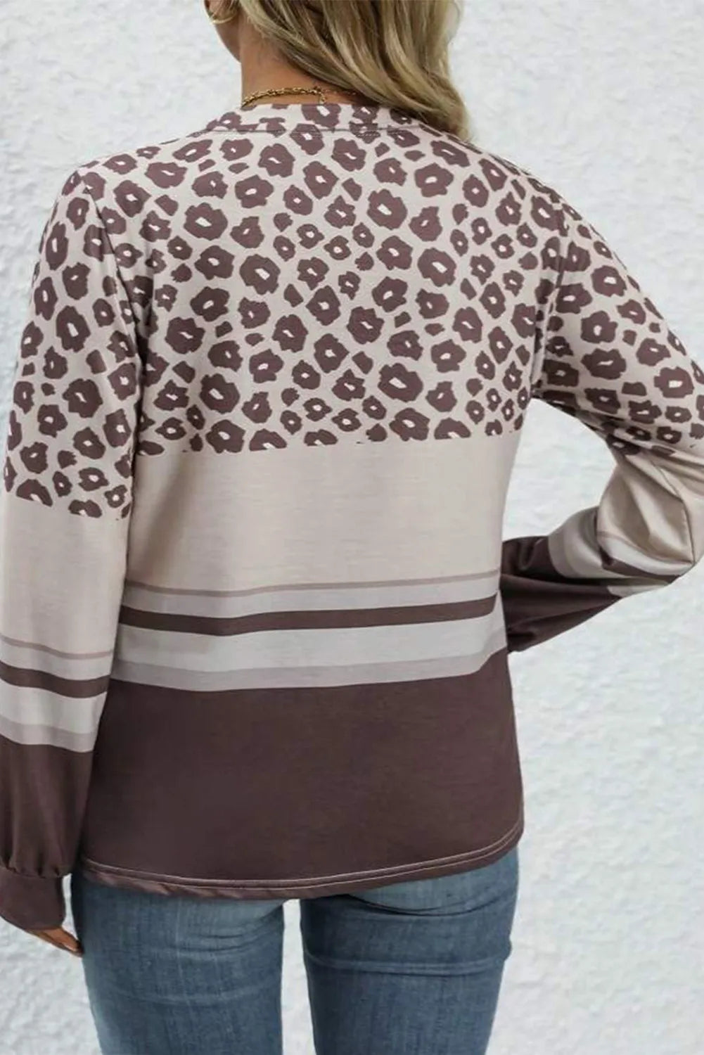 Plus Size Leopard Round Neck Long Sleeve Top