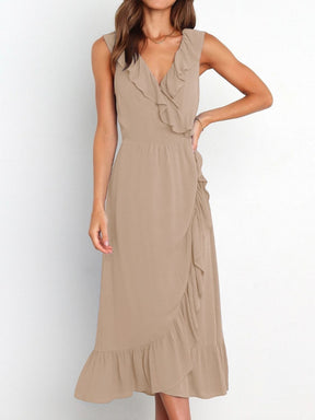 Khaki ruffled surplice sleeveless midi dress front view