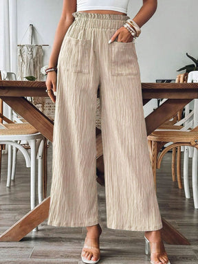 Beige pocketed elastic waist wide leg pants