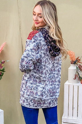 Floral printed half zip up long sleeve hoodie, back view