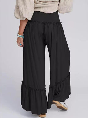 Full Size Frill Wide Leg Pants in black, back view