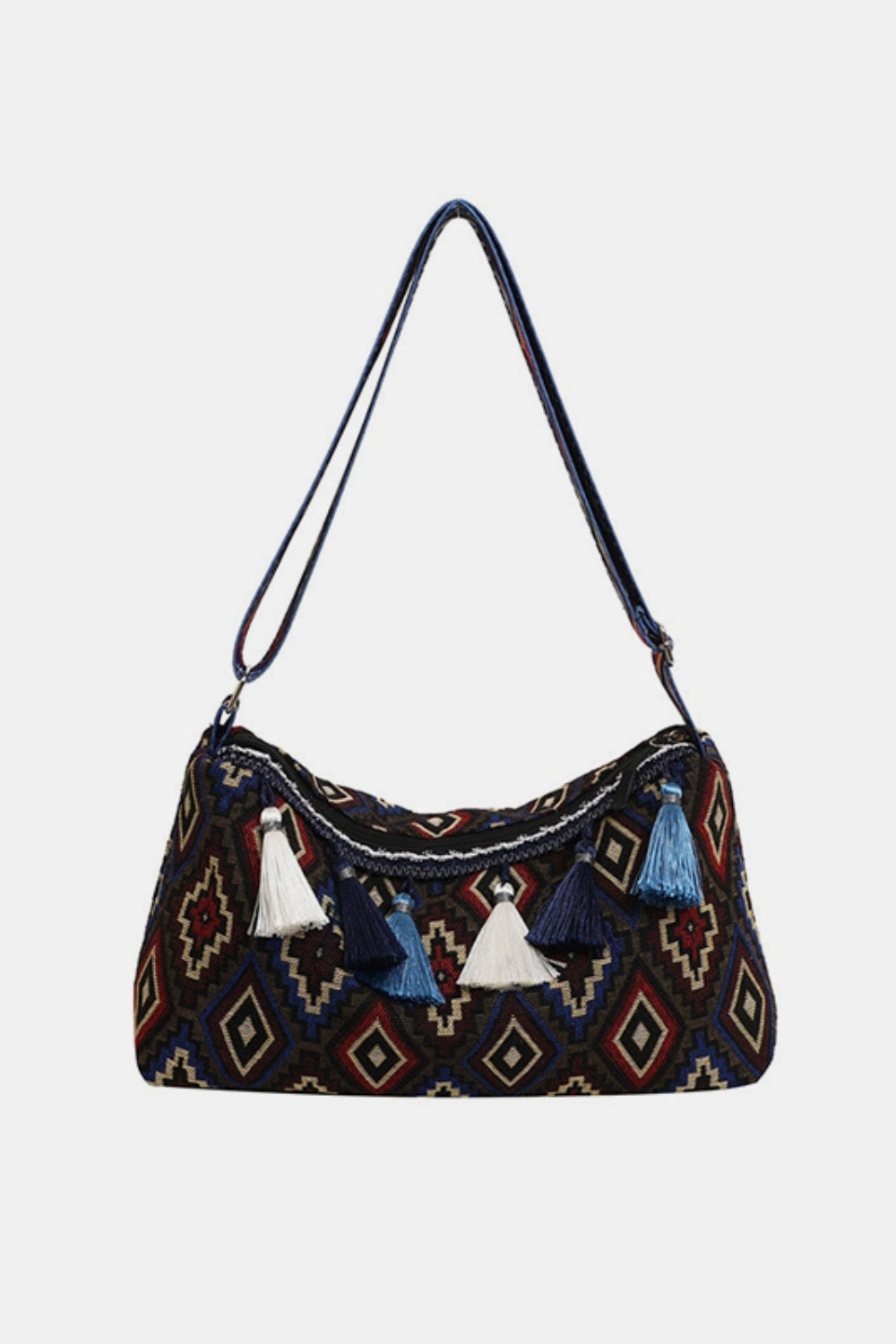 Dark geometric tassel shoulder bag with adjustable strap