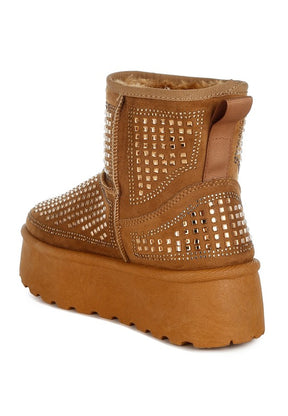 Back view of brown rhinestone ankle boots with platform