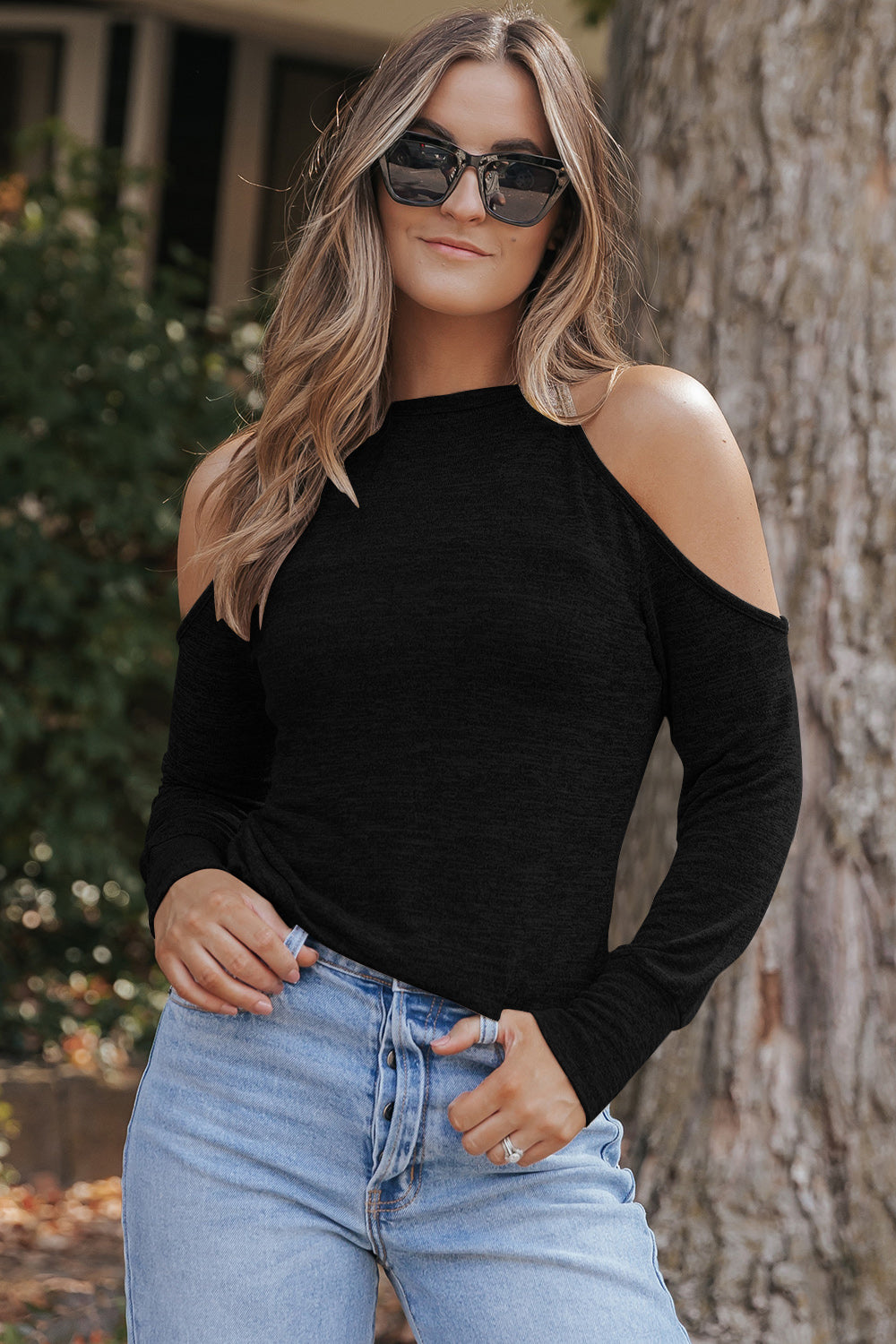 Black round neck cold shoulder long sleeve top, front view