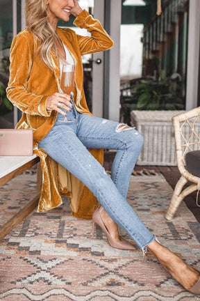 Comfortable mustard yellow open front coat for fall fashion