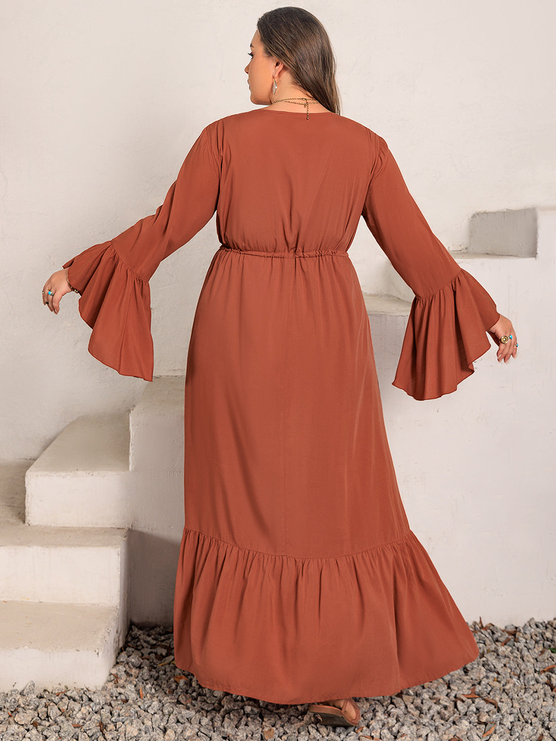 Plus size V-neck flare sleeve maxi dress back view