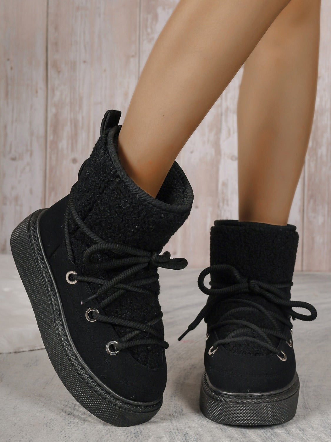 Black lace-up round toe platform boots