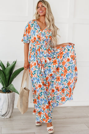 Floral tied slit printed half sleeve maxi dress front view