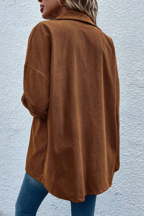 Brown pocketed snap down long sleeve jacket back view