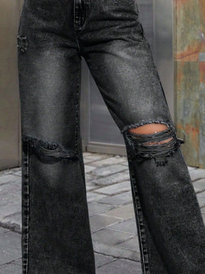 Close-up of distressed details on wide leg jeans, dark gray