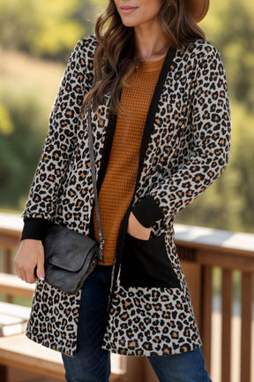 Leopard open front cover-up with pockets, boho style